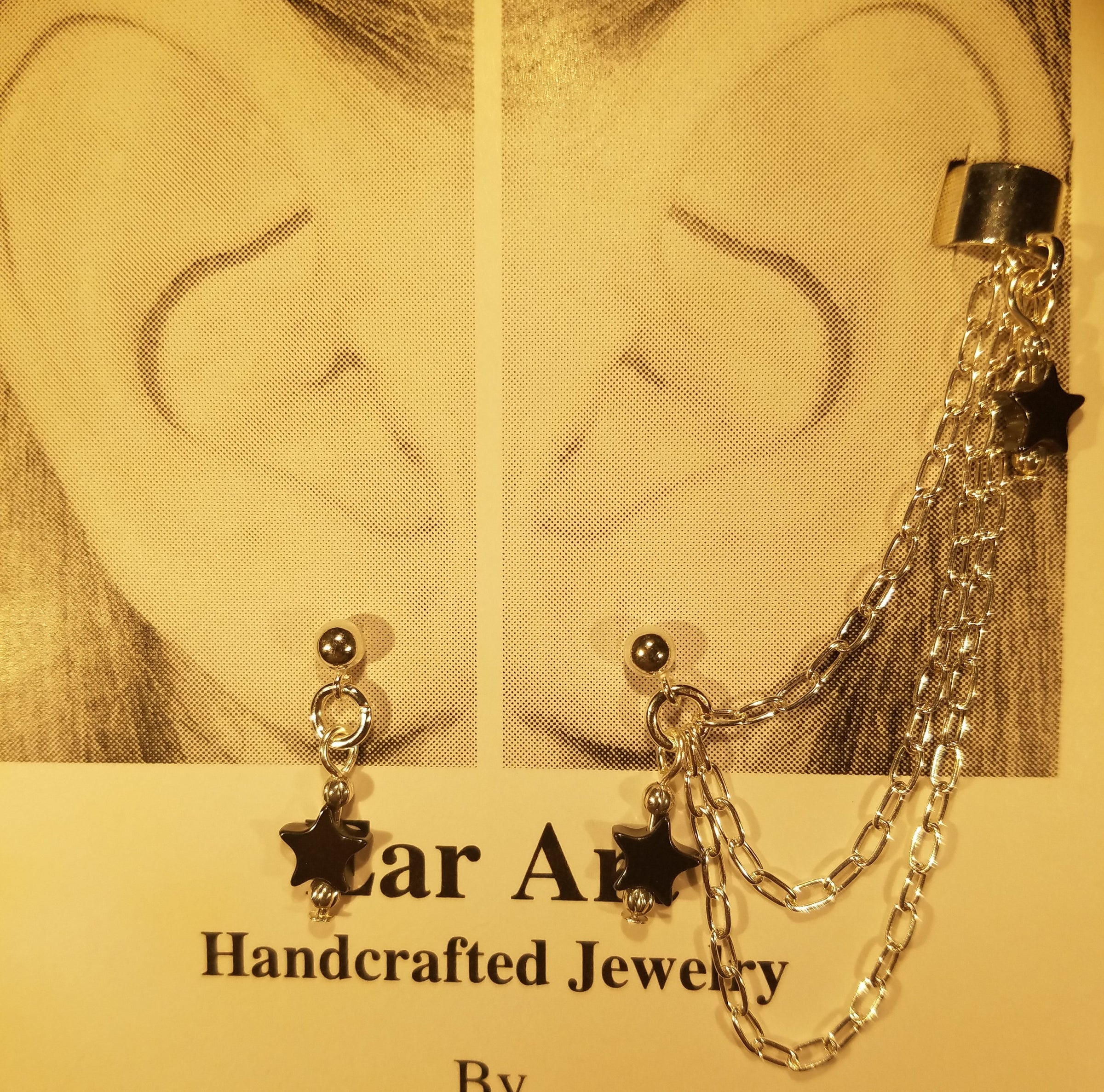 Ear Art OnLine Chained Exotic Earrings Dragon 3 Chain Post to Cuff 3 Sterling Silver Chains Sterling Silver posts and Silver Plated ear cuff Ear Art OnLine
